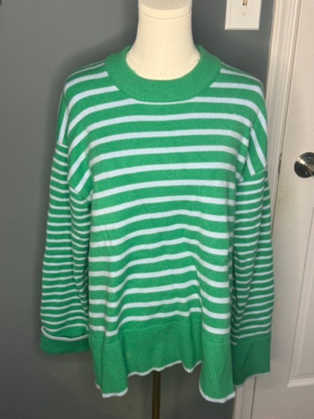 Addison Bay Green White Striped Cotton Sweater Medium